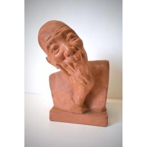 Gaston Hauchecorne Terracotta Bust Of Smiling Chinese Scholar With Long Beard Ref541