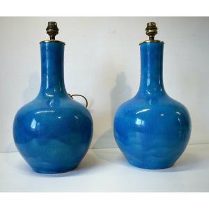 Paire De Lampes  Chinoises vases  En Céramique Bleus Chine  Style Deck  Chinese Asie  Ref547 