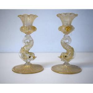 Pair Table Candlesticks With Dolphins Murano Glass Italy Attributed To Seguso Ref505