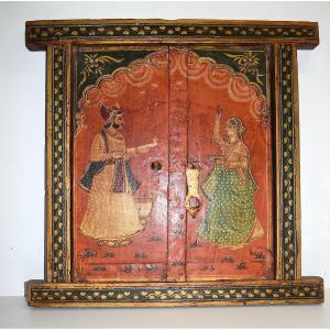 Rama And Sitâ India Rajasthan Polychrome Painted Wood Trompe l'Oeil Window Cupboard Ref522