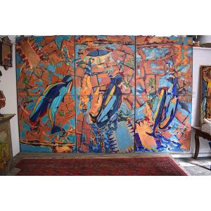 ANDREW HART ADLER format fresque Grand tableau marine  expressionniste abstrait RT854 *