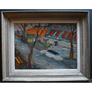 Street Scene In The Rain Car Post Impressionist XX 50s Rt862