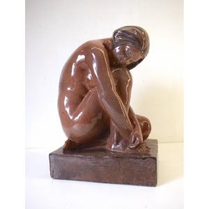 Enameled Ceramic Statue Sculpture Nude Woman Art Deco Ref546