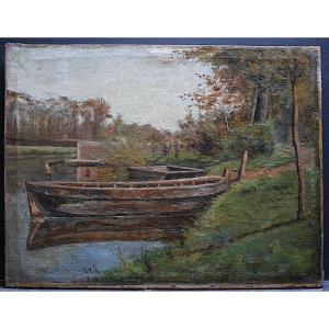 STOBBAERTS PIETER signé Paysage Impressionniste belge  Bateau Barque XIX RT868