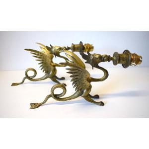 Paire Appliques Murales Bronze Bougeoir Au Dragon Ou Chim&egrave;re Napoleon III Ref 553