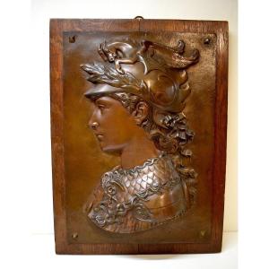 Bas Relief Metal Plaque Warrior Profile In Helmet After Leonardo Da Vinci Ref568