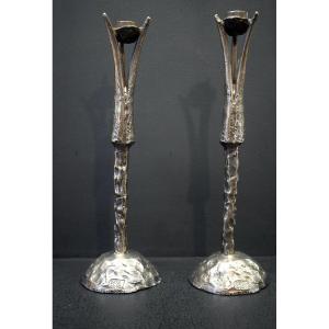 Pair Of Modernist Candlesticks Silver Bronze Pierre Casenove Fondica, Paris Modern Art Ref574