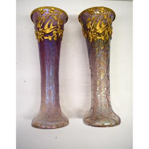 Pair Of Loetz Vases Brass Iridescent Glass Mauve Art Nouveau Birds 1900 Bohemian Ref583