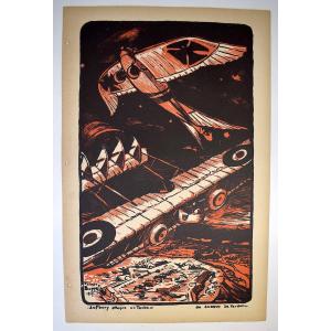 Estampe Maurice Busset  Affiche Lithographie Avion Aviation  Militaire  Guerre 1914 1918 Ref597