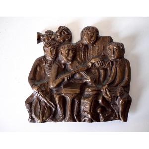 Bas Relief Moderne  En Bronze Orchestre Musiciens De Jazz Musique Vers 1950 1960 Ref639