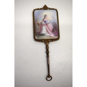 Tiny Hand Face Mirror Bronze And Miniature On Painted Porcelain Louis XVI Style Ref646