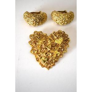 The Heart Brooch Signed Christian Lacroix France In Golden Metal And Earrings Ref653