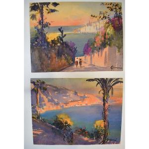 2 Watercolor View Of Menton Riviera Mediterranean Marine Landscape Signed Gianni Rd05