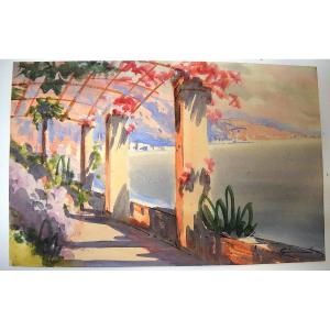 Watercolor View Of Menton Riviera Mediterranean Marine Landscape Signed Gianni Rd06
