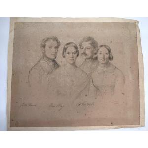 Pencil Drawing Portrait Of 4 Characters Signed Signature To Identify Rd14