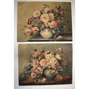 Pair Of Still Life Watercolors With Bouquet Of Flowers Signed To Identify Rd15