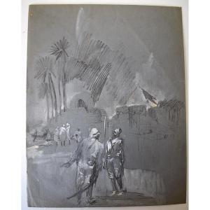 Drawing And Watercolor Orientalist Military Colony Late 19th Early 20th Century Rd17