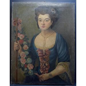 Portrait De Femme &eacute;l&eacute;gante XVIII &egrave;me Si&egrave;cle  Guirlande de Roses RT915