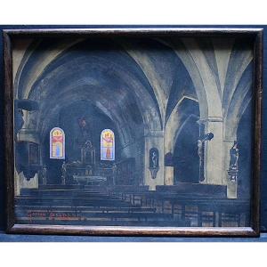 Gaston Delpard Church Interior Gouache Early 20th Century Rt923