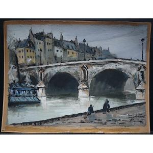 Paris Pont Marie sur La Seine Pêcheurs Signé à Identifier Daté 1940 XXème RT940