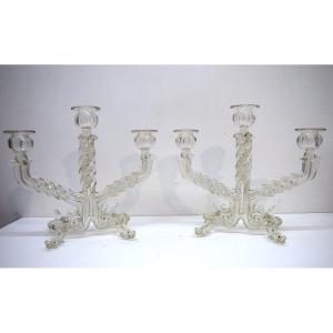 Paire De Chandeliers Bougeoirs De Table Verre Signé A Vialas Dauphins 1950 1960  style Venise  XVIII  Ref736