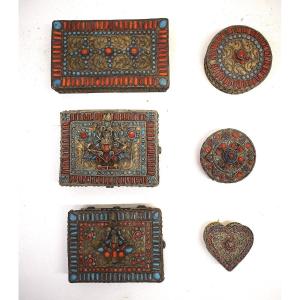 Lot De Six Boites à Bijoux Tibétaines à Décor Divinité  Tibet Népal Bouddhiste Asie Ref743