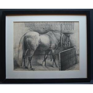 ACHILLE GIROUX Dessin Cheval Dans l&#039;&eacute;curie XIX &egrave;me RT1196