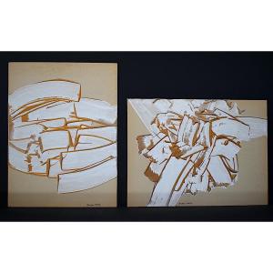 Pair Abstract Signed Barbier Dated 79 70s 20th Century Rt1267