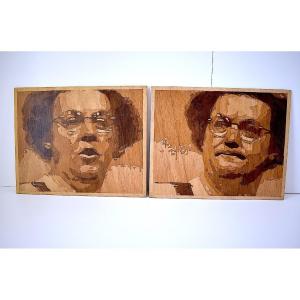 Dessin à la pointe sur bois en trompe-l’œil  façon marqueterie  portrait de COLUCHE ref1117