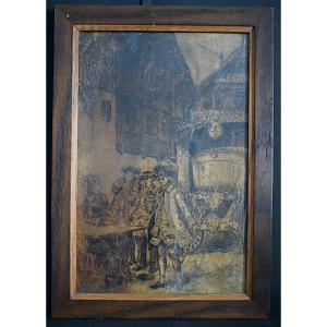 CHARLES HENRI PILLE XIX ème dessin à la plume fuite de Louis XVI à Varennes ? RT1338