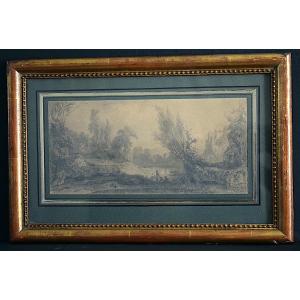 HENRI BARON XIX ème École française dessin romantique paysage animé scène galante RT1340