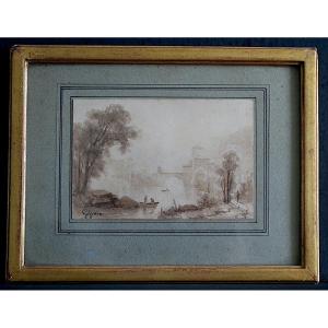 Dessin Lavis signé à identifier paysage  animé pont barques pêcheurs XIX ème siècle  RT1344
