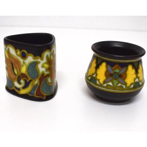 Gouda Holland Ceramic 2 Miniature Vases Signed Zenith And Madeleine Netherlands Ref1152