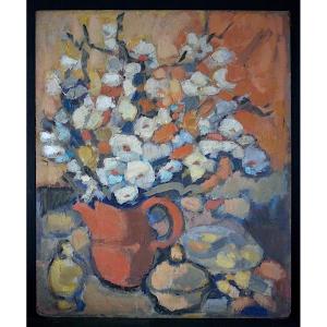 Unsigned Modernist Still Life With Bouquet Of Flowers, Mid-20th Century Rt1386