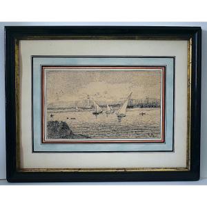 Dessin à la plume monogramme TD marine port bateaux fin XIX ème RT1397