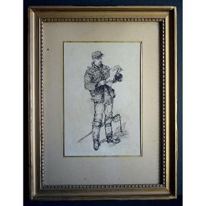 Dessin plume Soldat militaire signé E AUDEBERT ou ALDEBERT daté 1891  XIX ème RT1403