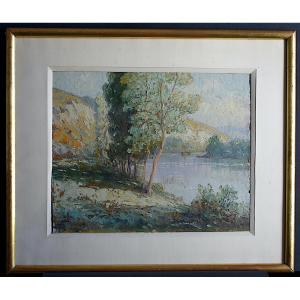 Paysage bord de rivière impressionniste signé à identifier 20 ème siècle RT1444
