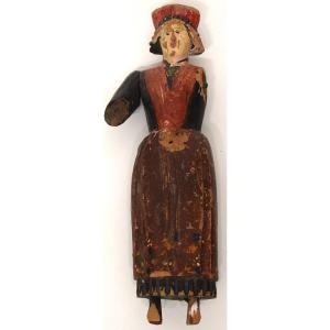 Art Populaire Carved Wooden Woman Painted Polychrome Puppet Doll Ref1116