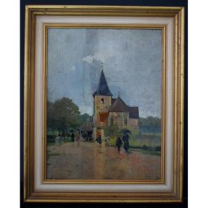 impressionniste daté 1903 village animé sous la pluie Bourgogne signé à identifier RT1451