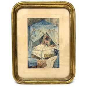 Aquarelle le réveil jeune femme et domestique Napoléon III Signée à identifier  REFM05