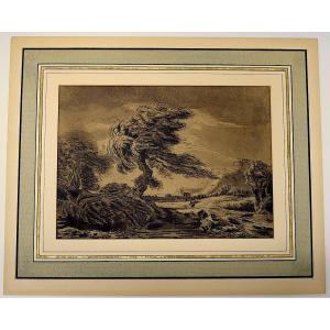 Dessin lavis Ecole du nord 18 &egrave;me si&egrave;cle Paysage d'orage refm06