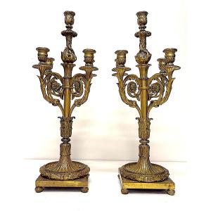 Paire de candélabres Bronze Doré 19 ème siècle Style Louis XVI Ref1124