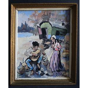 L P RIGAL post impressionniste Camargue couple de gitans roulotte musicien guitare RT1452