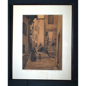 Sepia Ink Wash Signed Waller Lively Provencal Street Arles Avignon Provence Early XXth Rt1462