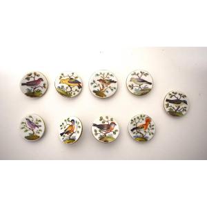 9 Antique Porcelain Knobs Painted With Meissen Birds Ref1141
