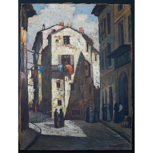 Alfred Quertant (1890–1965) Provençal Village, Bustling Street Scene, Provence  Rt1464