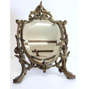 Art Nouveau Table Mirror In Gold-patina Metal, 1900, Nancy School, Ref. 1147 