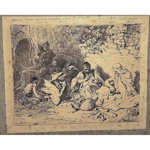 Dessin Etude Orientalisme Encre brune petits métiers intitulé Les Savetiers refm46