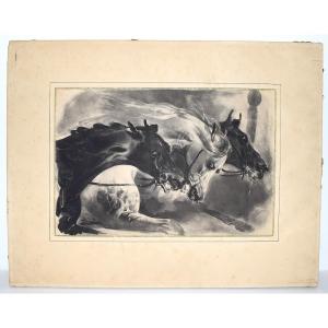 Lithograph Print: Horses At The End Of A Horse Race, 19th Century, Ref. M52 