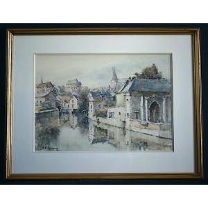 Vue de Chartres aquarelle signé ROMANO Eure-et-Loir Centre-Val de Loire XX ème siècle RT1473